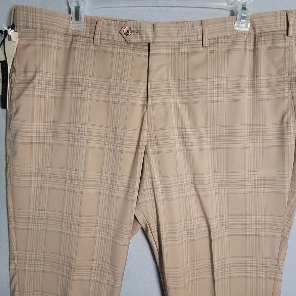 NWT J Hilburn Pants Mens 40x28 Tan Brown Plaid Business Casual Wool Trousers - Picture 3 of 11